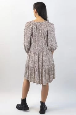 Among The Brave Gemini Chocolate Ditsy Animal Puff Mid Sleeve Button Front Tiered Mini Dress