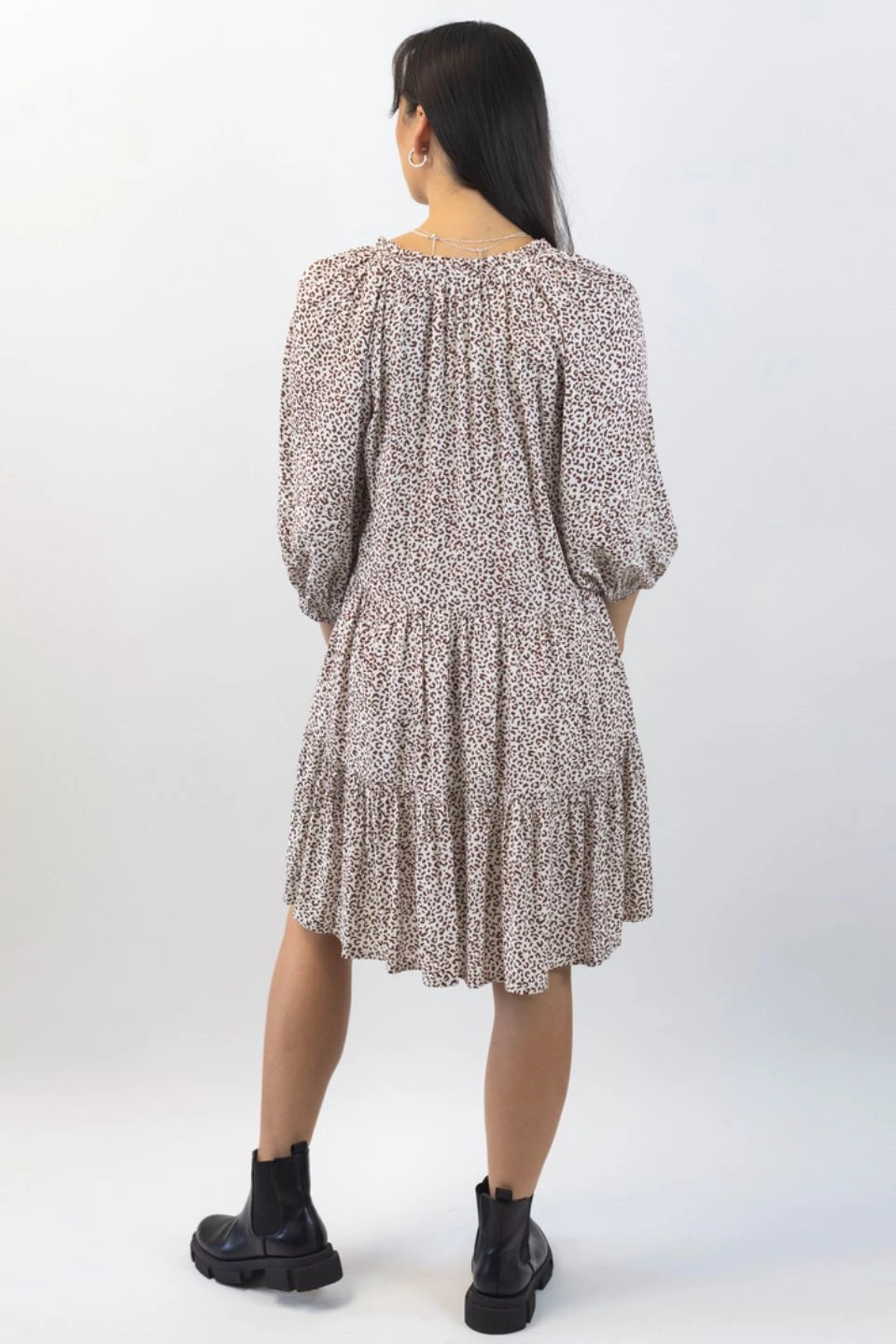 Among The Brave Gemini Chocolate Ditsy Animal Puff Mid Sleeve Button Front Tiered Mini Dress