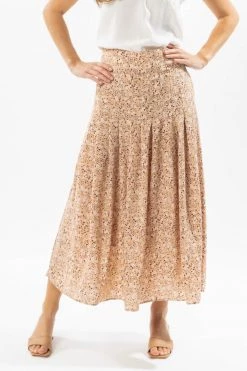 Leila + Luca Courageous Nude Floral Pleated Midi Skirt
