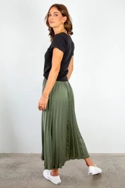 Ivy + Jack Radiant Khaki Washer Satin Pleated Midi Skirt Skirts