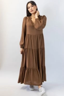 Ivy + Jack Kendall Pecan Crinkle Blouson LS V Neck Tiered Midi Dress New In