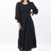 Ivy + Jack Piper Black Shirred Cotton LS Shirred Bodice Tiered Maxi Dress