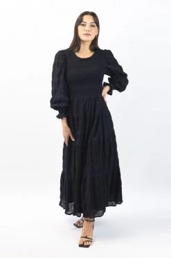 Ivy + Jack Piper Black Shirred Cotton LS Shirred Bodice Tiered Maxi Dress