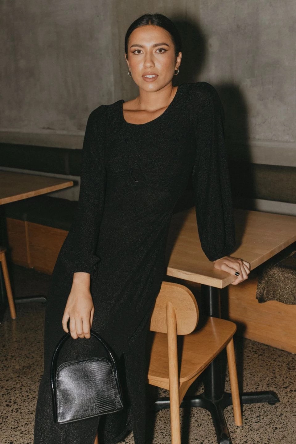 Among The Brave New In New Moon Black Shimmer LS Puff Sleeve Ring Midi Dress