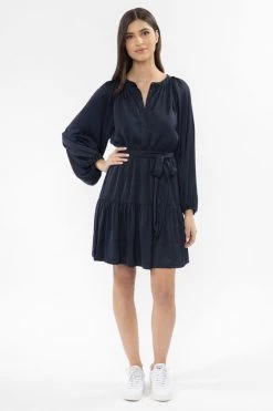Seeking Lola Flourish Navy Washer Satin Puff Sleeve V Neck Tiered Mini Dress