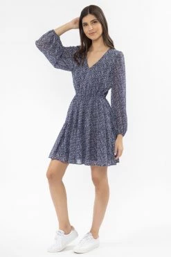 Seeking Lola Bravo Purple Ditsy V Neck Mid Sleeve Tiered Mini Dress New In