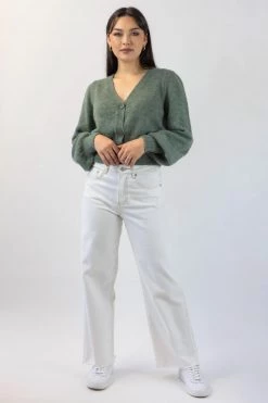 Among The Brave Spirited Soft Khaki Mohair Blend Balloon Sleeve Cropped Cardigan Knitwear