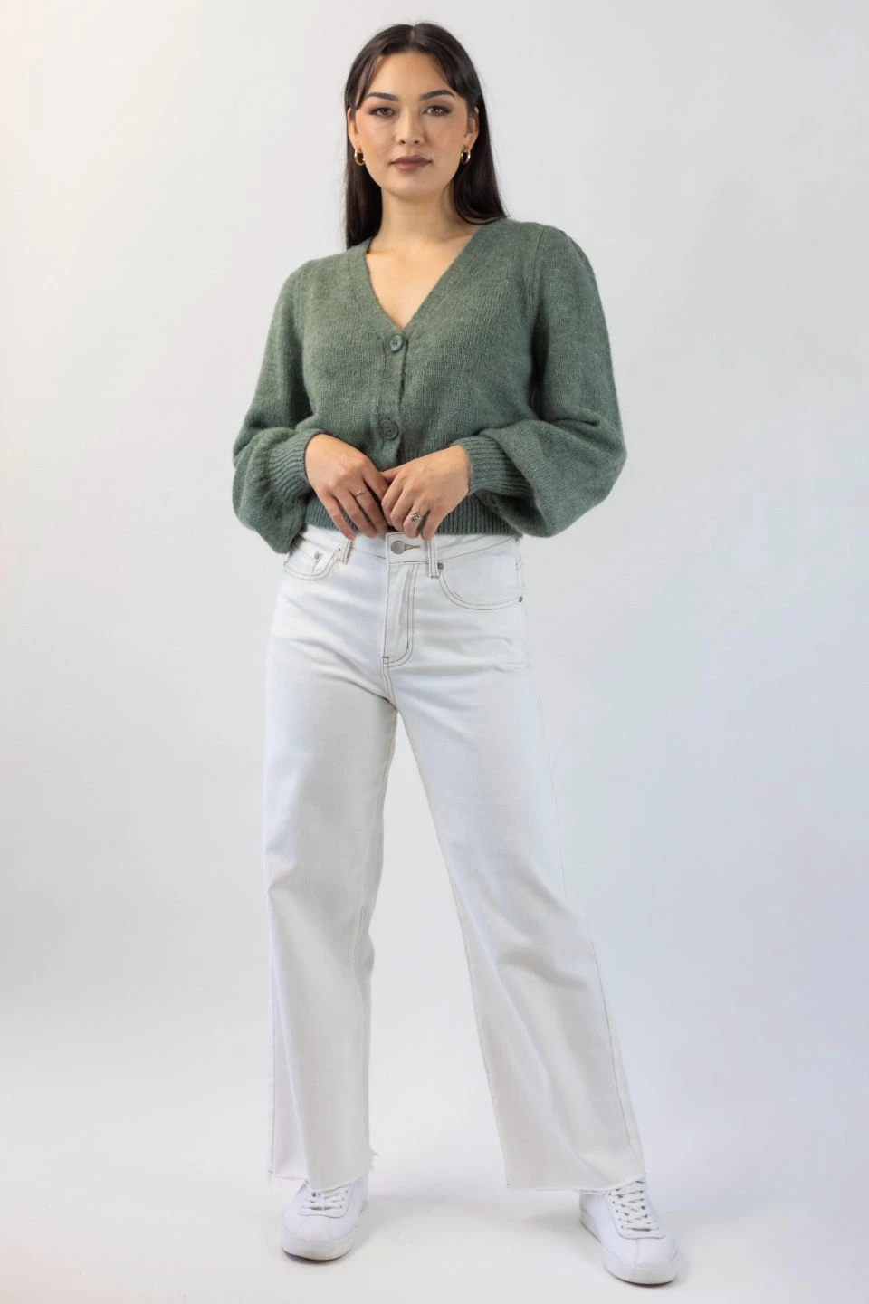 Among The Brave Spirited Soft Khaki Mohair Blend Balloon Sleeve Cropped Cardigan Knitwear