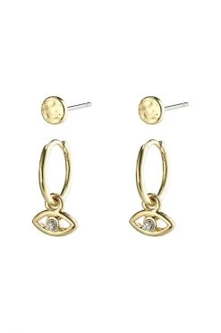 Pilgrim Poesy Two In One Crystal Studs And Third Eye Sleepers Gold Earring Set Jewellery