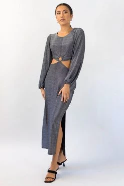 Among The Brave New In Galaxy Silver Shimmer Cut Away LS Balloon Sleeve Ring Midi Dress