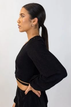 Among The Brave Full Moon Black Shimmer LS Puff Sleeve Plunge Ring Crop Top