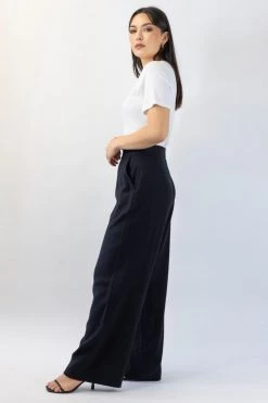 Among The Brave Pants Effortless Black Viscose Deep Band Wide Leg Pant