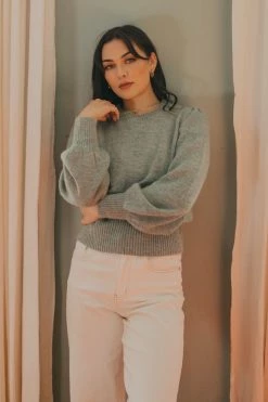 Among The Brave New In Zesty Sage Mohair Blend Balloon Sleeve Knit