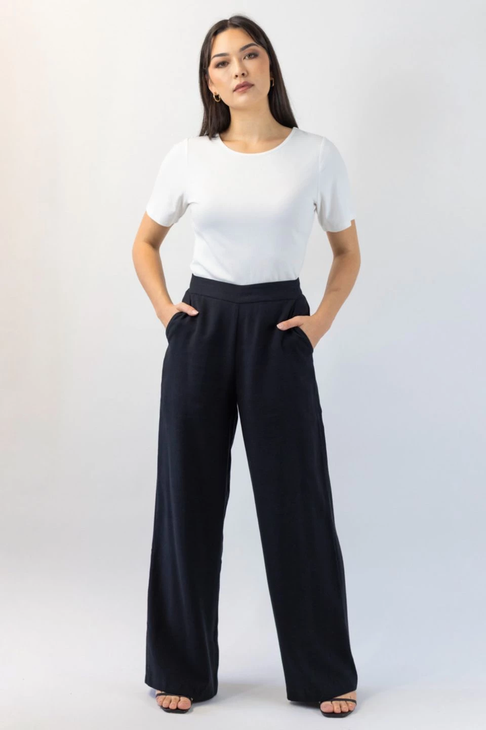 Among The Brave Pants Effortless Black Viscose Deep Band Wide Leg Pant