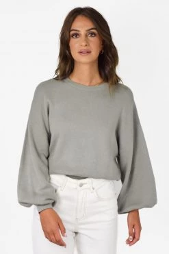 Ivy + Jack Impulse Grey Sage Fine Gauge Cotton Puff Sleeve Cropped Knit New In