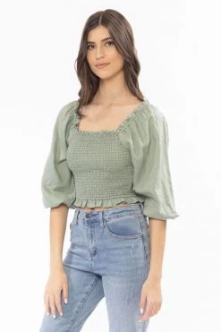 Seeking Lola Angelic Sea Green Linen Puff LS Shirred Bodice Top