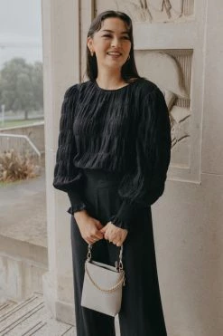 Ivy + Jack Grace Black Shirred Cotton LS Back Hem Tie Top