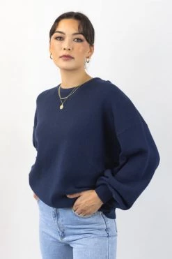 Among The Brave Carefree Navy Slouchy Puff Sleeve Knit