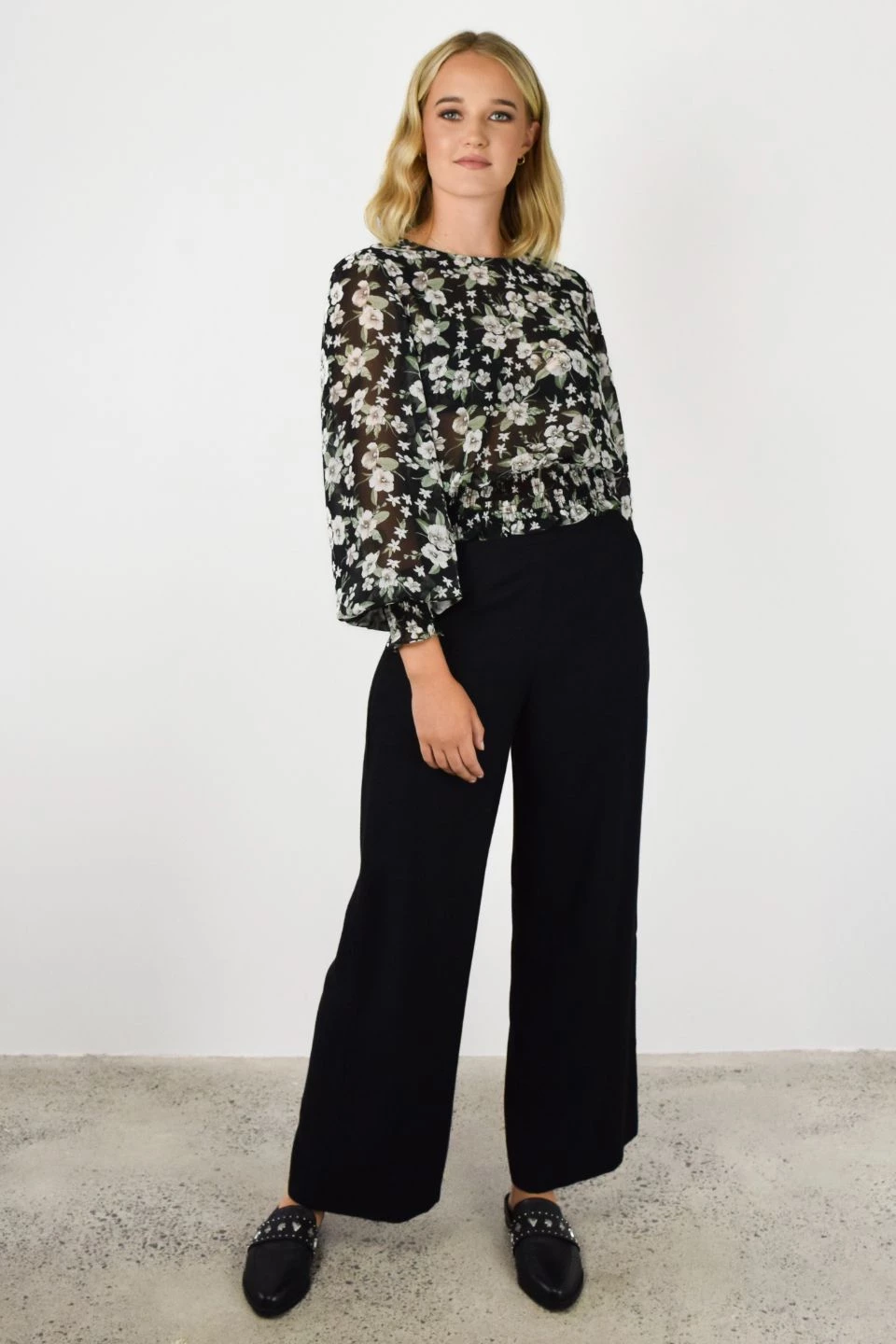 Among The Brave Pure Garden Midnight Puff Sleeve Shirred Blouse