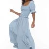 Blak New In Bon Voyage Puff Sleeve Shirred Midi Blue Dress