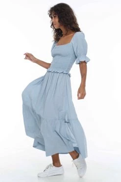 Blak New In Bon Voyage Puff Sleeve Shirred Midi Blue Dress