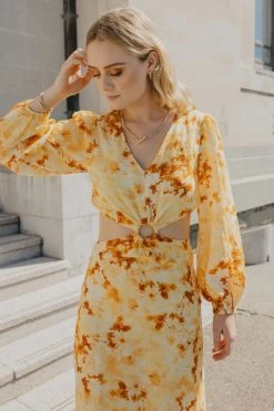 Ivy + Jack Dresses Skyler Marigold Floral LS V Neck Waist Cut Out Maxi Dress