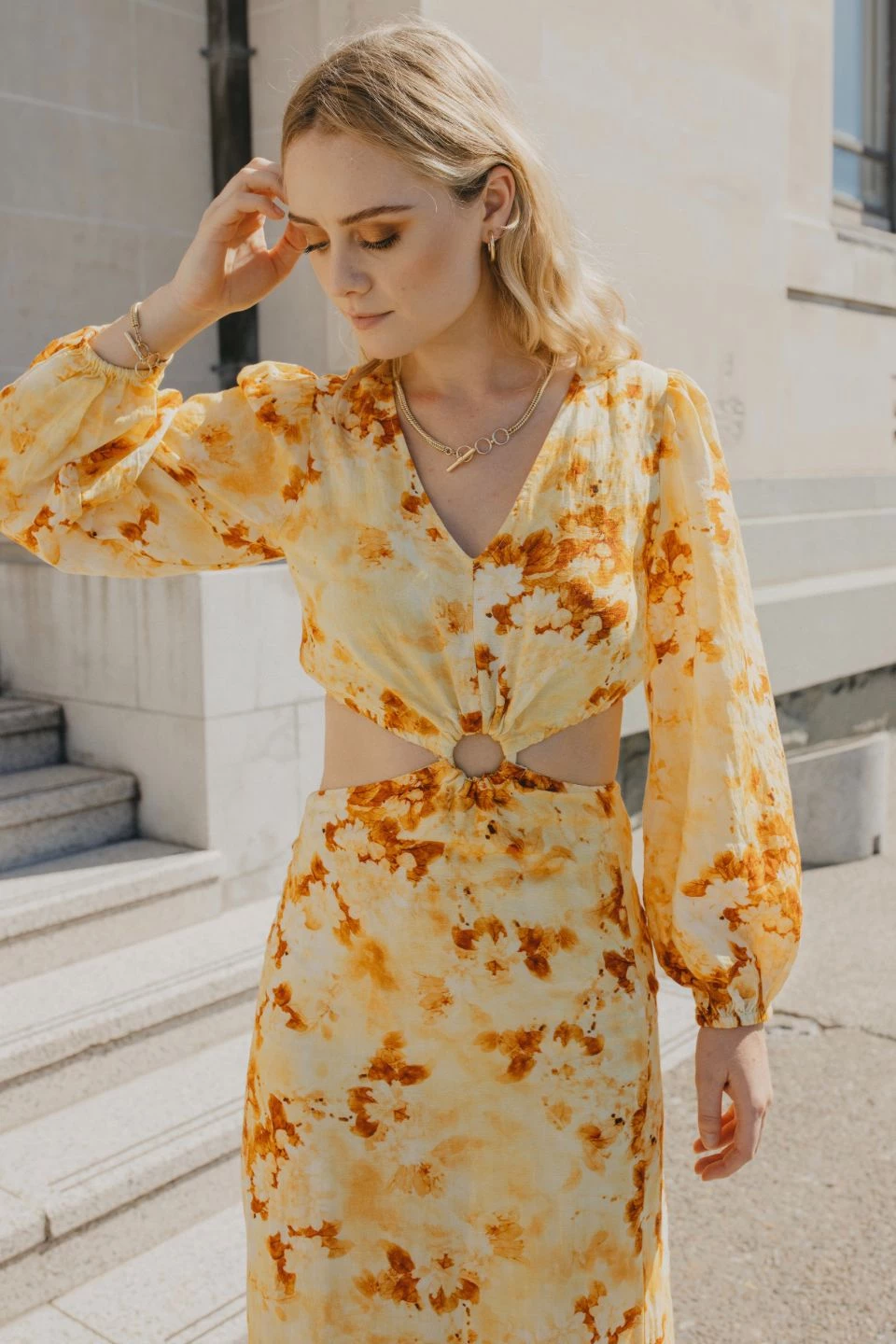 Ivy + Jack Dresses Skyler Marigold Floral LS V Neck Waist Cut Out Maxi Dress