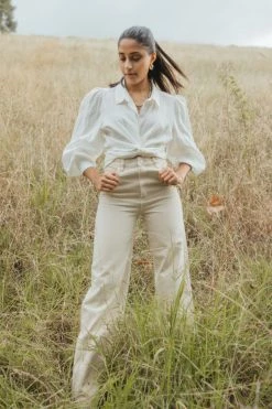 Among The Brave Victory White Linen Tie Hem Puff Sleeve Shirt