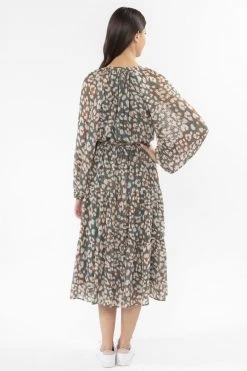Billie The Label New In Vivacious Sage Stripe Floral Mid Sleeve V Neck Tiered Midi Dress