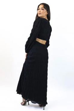 Ivy + Jack Skyler Black Shirred Cotton LS V Neck Waist Cut Out Maxi Dress