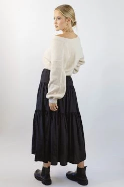 Among The Brave Skirts Sensational Black Tiered Satin Tie Waist Maxi Skirt