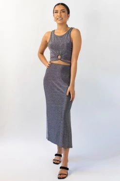 Among The Brave New In Interstellar Silver Shimmer High Split Midi Skirt