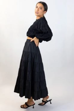 Ivy + Jack Olivia Black Shirred Waist Tiered Maxi Skirt New In