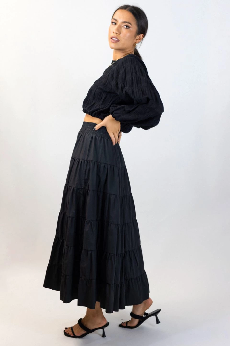 Ivy + Jack Olivia Black Shirred Waist Tiered Maxi Skirt New In