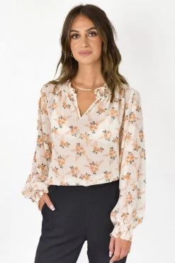 Among The Brave Surreal Peach Floral LS Shirred Puff Sleeve High Neck Top Tops & Tees
