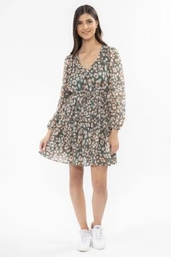 Seeking Lola Bravo Sage Stripe Floral V Neck Mid Sleeve Tiered Mini Dress New In