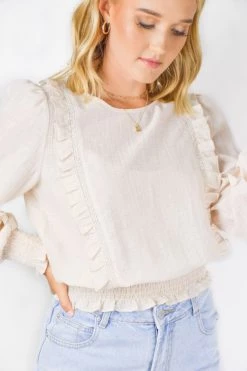 Among The Brave Cloud Sand Shirred Hem LS Ruffle Puff Sleeve Lace Trim Top