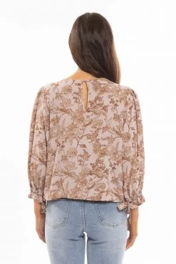 Seeking Lola Muse Blush Floral Crew Neck Tie Bow Mid Sleeve Hem Tie Top New In
