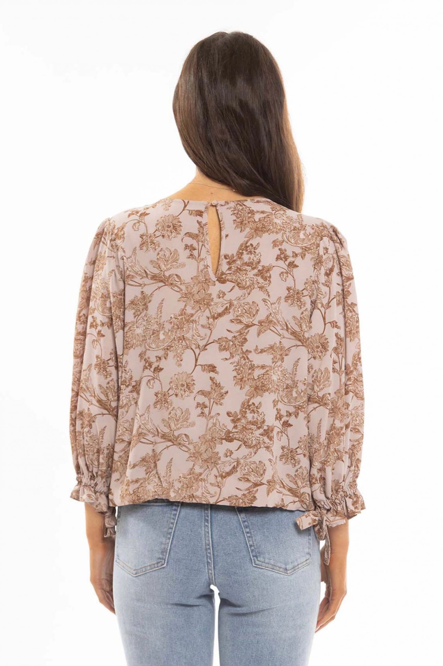 Seeking Lola Muse Blush Floral Crew Neck Tie Bow Mid Sleeve Hem Tie Top New In
