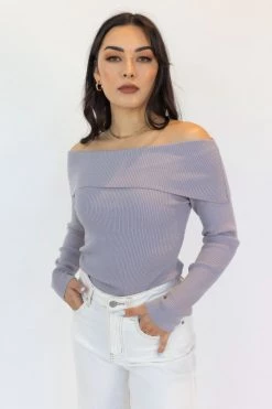 Among The Brave New In Sasha Dusty Lilac Off Shoulder Rib Knit Top