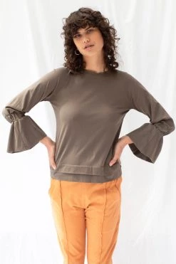 ReCreate New In Transit Frill Sleeve Taupe Cotton Top