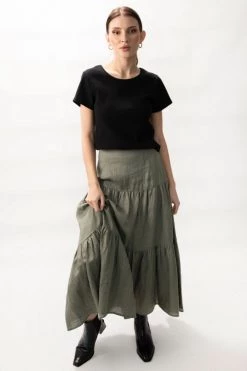 Among The Brave Skirts Blazing Moss Tiered Linen Midi Skirt
