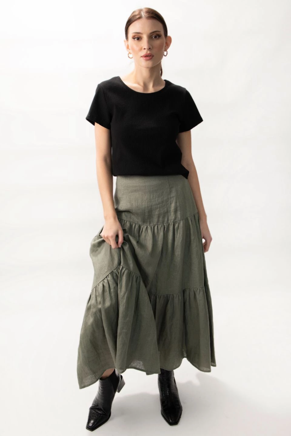 Among The Brave Skirts Blazing Moss Tiered Linen Midi Skirt