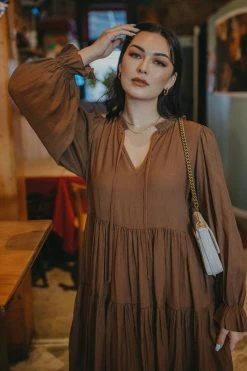 Ivy + Jack Billie Pecan Crinkle LS Frill V Neck Tiered Mini Dress New In