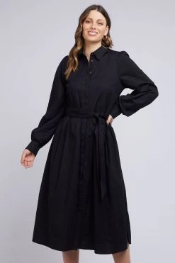 Foxwood Meadow Poplin Midi LS Black Shirt Dress