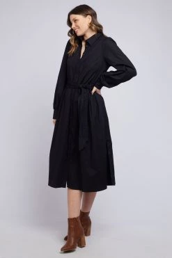 Foxwood Meadow Poplin Midi LS Black Shirt Dress