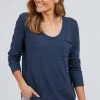 Foxwood Tops & Tees Myra Pocket Scoop Neck Navy Cotton LS Tee