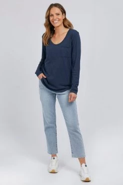 Foxwood Tops & Tees Myra Pocket Scoop Neck Navy Cotton LS Tee