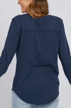 Foxwood Tops & Tees Myra Pocket Scoop Neck Navy Cotton LS Tee