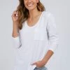 Foxwood Myra Pocket Scoop Neck White Cotton LS Tee